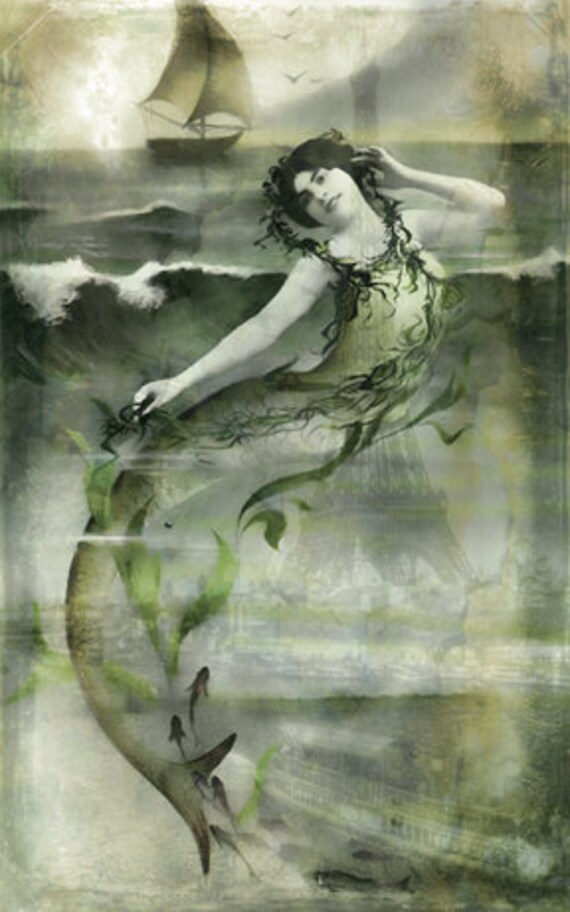 Vintage  Seafoam Green Dress French Mermaid Photo Woman sailing ship tall ship boat Digital Download Photograph Commercial Use