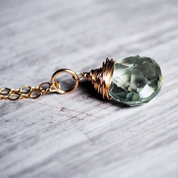 Green Amethyst Necklace 14kt Gold Fill Gemstones Wire Wrapped