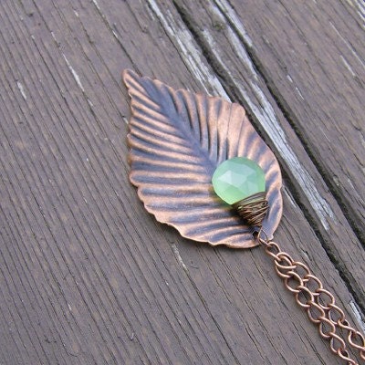 Green Leaf Necklace Antiqued Copper Gemstone Chalcedony