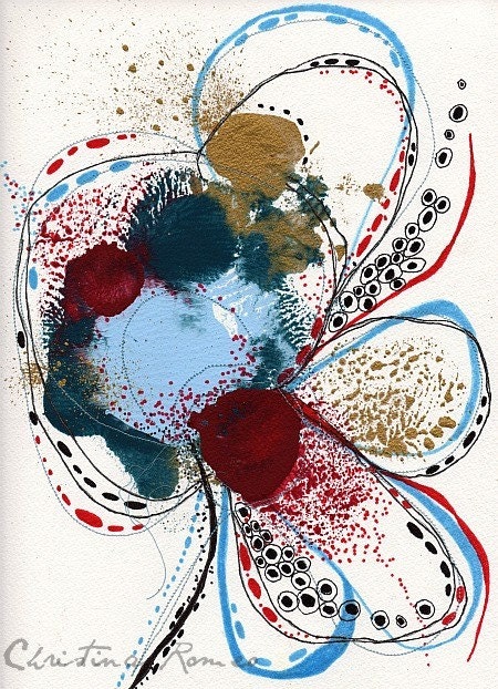 Original Abstract Botanical Painting with Embroidery 9 x 12...."N99"