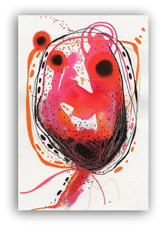 Original Abstract Flower Painting Watercolor with Simple Embroidery TITLE: "D2"