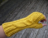 Twisted Cable Fingerless Gloves, Mustard Yellow, Hand Knit