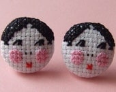 Sweet Dolly Girl Earrings Hand Sewn in Cross Stitch - Rosy Pink Cheeks and Black Flapper Hair