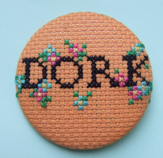 Cross-stitch Oversized Dork Button Badge with Chintz Floral Detail