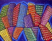 Fun Funky Colorful Abstract Cityscape City Whimsicial Original Art Painting Canvas