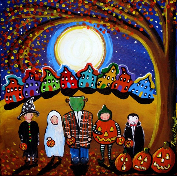 Kids Trick or Treat Fall Halloween Full Moon Folk Art Original Painting