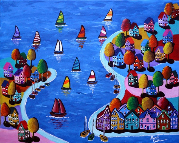 Sailboats Shoreline Coastal Houses Waterfront Canvas Whimsical Original Colorful Folk Art Painting