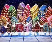 Fun Funky City NYC Neighborhood Winter Whimsical Folk Art