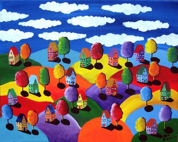 Colorful Landscape Houses Whimsical Folk Art  Original Painting