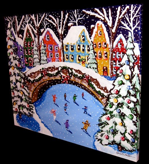 Kids Ice Skate Holidays Christmas Winter Whimsical Folk Art Painting