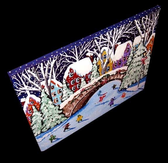 Ice Skating Kids Winter Fun Holiday Snow Folk Art Painting