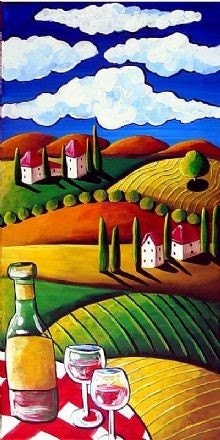 Tuscan Wine Vineyard Folk Art Giclee Canvas Print