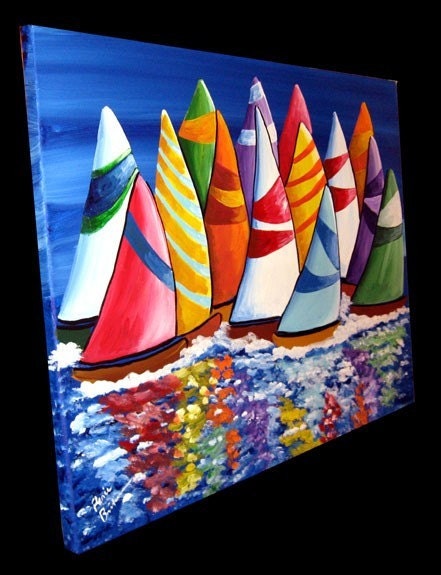 Colorful Sailboats Whimsical Folk Art Painting