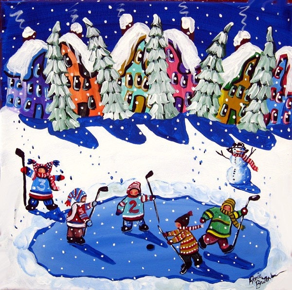 Little Hockey Players Ice Skaters Whimsical Winter Folk Art Painting