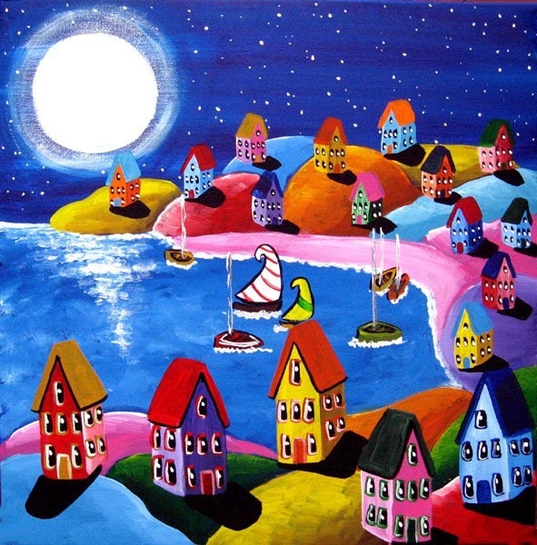 Colorful Night Sail Landscape Full Moon Folk Art Original Painting