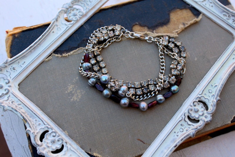 SALE...One Of A Kind-Vintage Rhinestone Pearl and Garnet Assemblage Bracelet...Up All Night