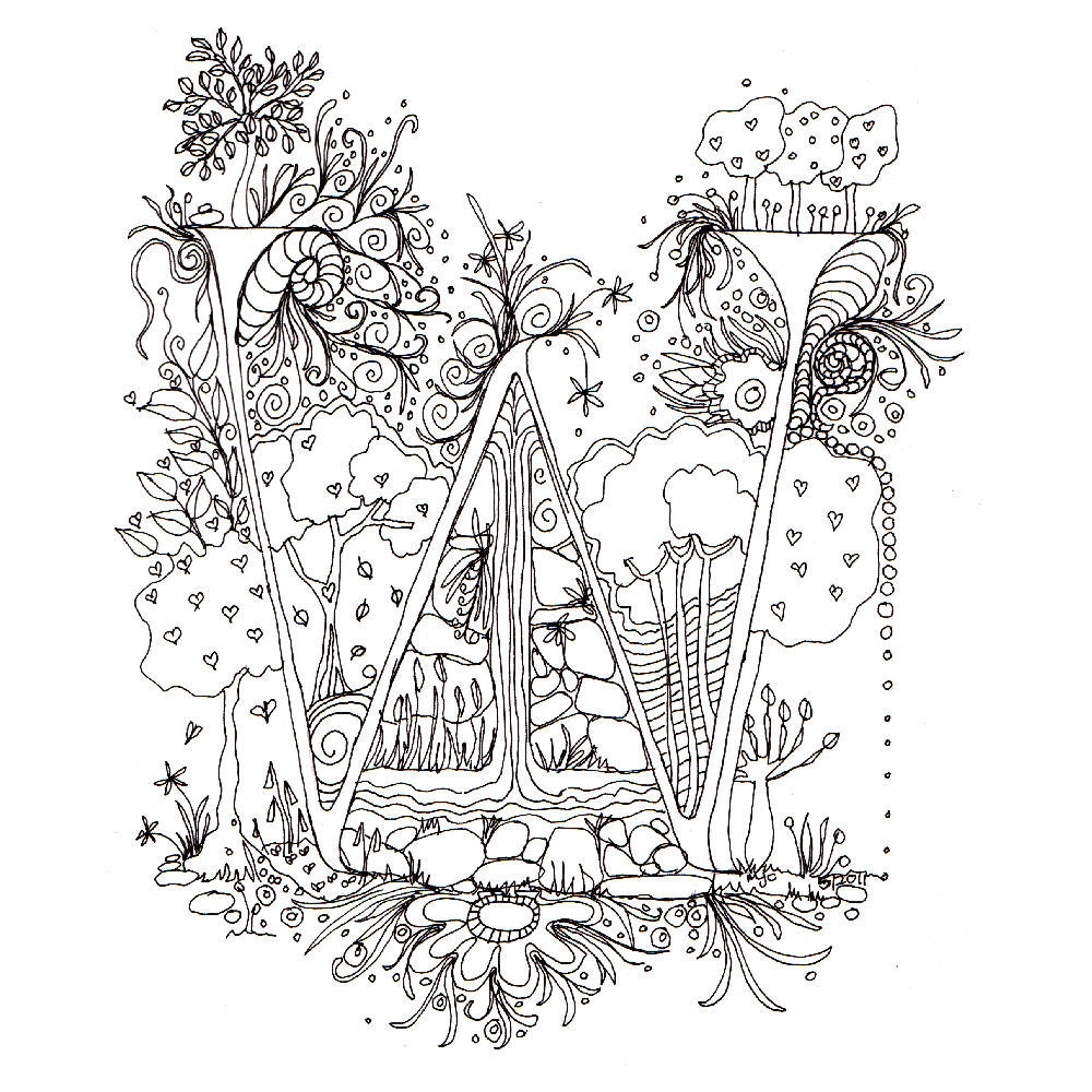 Monogram, Initial, Colour-Me-In Illuminated Letters - W, original art  drawings by melanie j cook