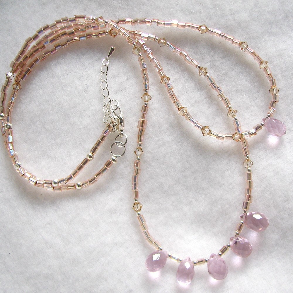 Golden Blush, pink quartz briolettes, golden shadow swarovski crystals and pink gold miyuki bead necklace