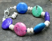 Multi-Color & White Turquoise Bracelet, Adjustable Sterling Silver... Chunky, Colorful Spring Jewelry