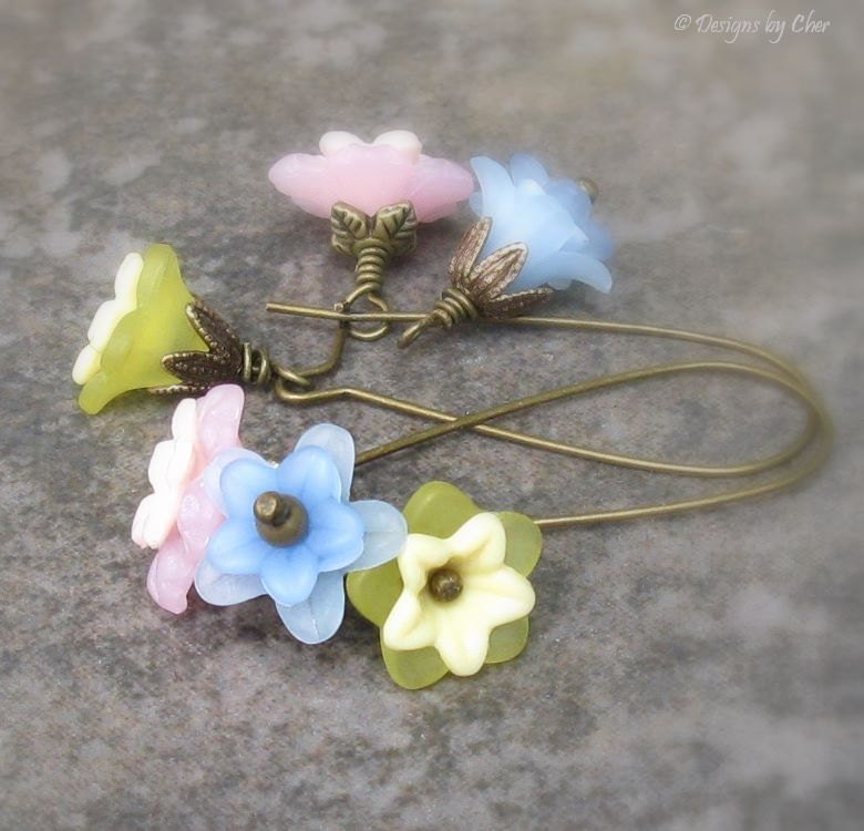 Pastel Lucite Flower Earrings, Antique Brass Long Kidney Wires... Changeable Floral Dangles, Spring - Easter