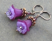 Violet Plum Lucite Flower Earrings, Antique Copper Leverbacks, Swarovski Crystals, Purple Flower Jewelry