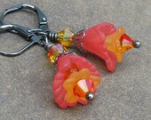 Hyacinth Lucite Flower Earrings, Fire Opal Crystals on Gunmetal Leverbacks... Delicate Flower Jewelry