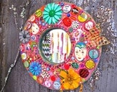 Mod Mad Hot Pink Vintage Jewelry Mosaic Round Mirror
