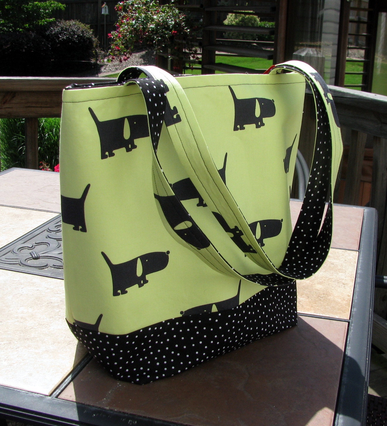 OOAK Mutts on Yellow/Green with Black and White Polka Dot Theme Handmade Reversible Cotton Tote Bag