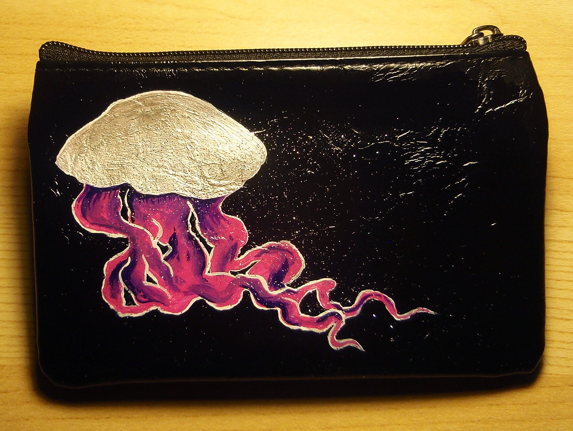 Shimmering Silver and Pink Jellyfish - New Black Vegan Wallet - Coin purse - 25% Donated