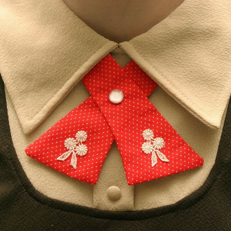 Womens Neck Tie - Red & White Polka Dots - Lace Flower Adornments