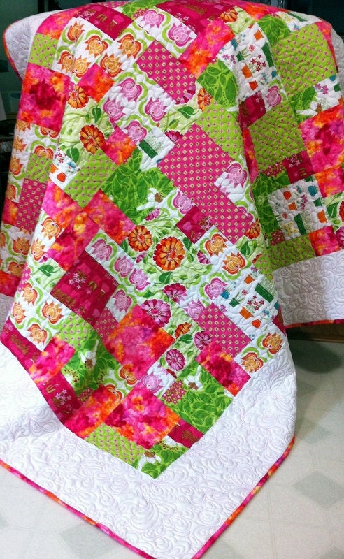 Patchwork Lap Quilt in pink, lime and white SUMMER SUNSHINE 56" x 66"