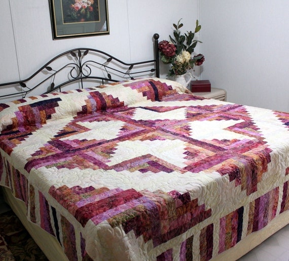 Log Cabin Queen King Bed Quilt CHERRY BLOSSOM