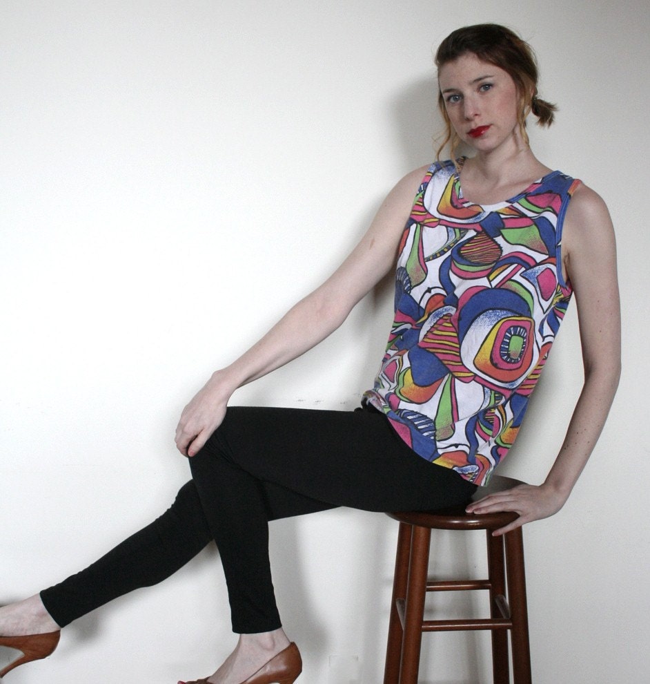 Vintage 1980s Neon Swirls Tank Top Sleeveless Shirt