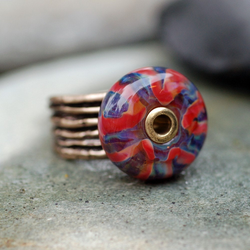 Ring, Handmade Lampwork Glass Beaded Jewelry, Bronze Band, Boro, Borosilicate Bead, Red, Purple, Violet