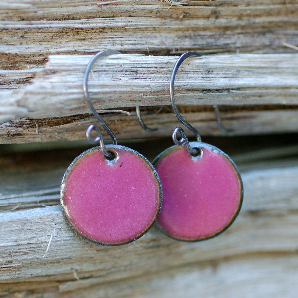 Pink Earrings, Enamel Copper, Small Disc, Enameled Jewelry, Opal Pink