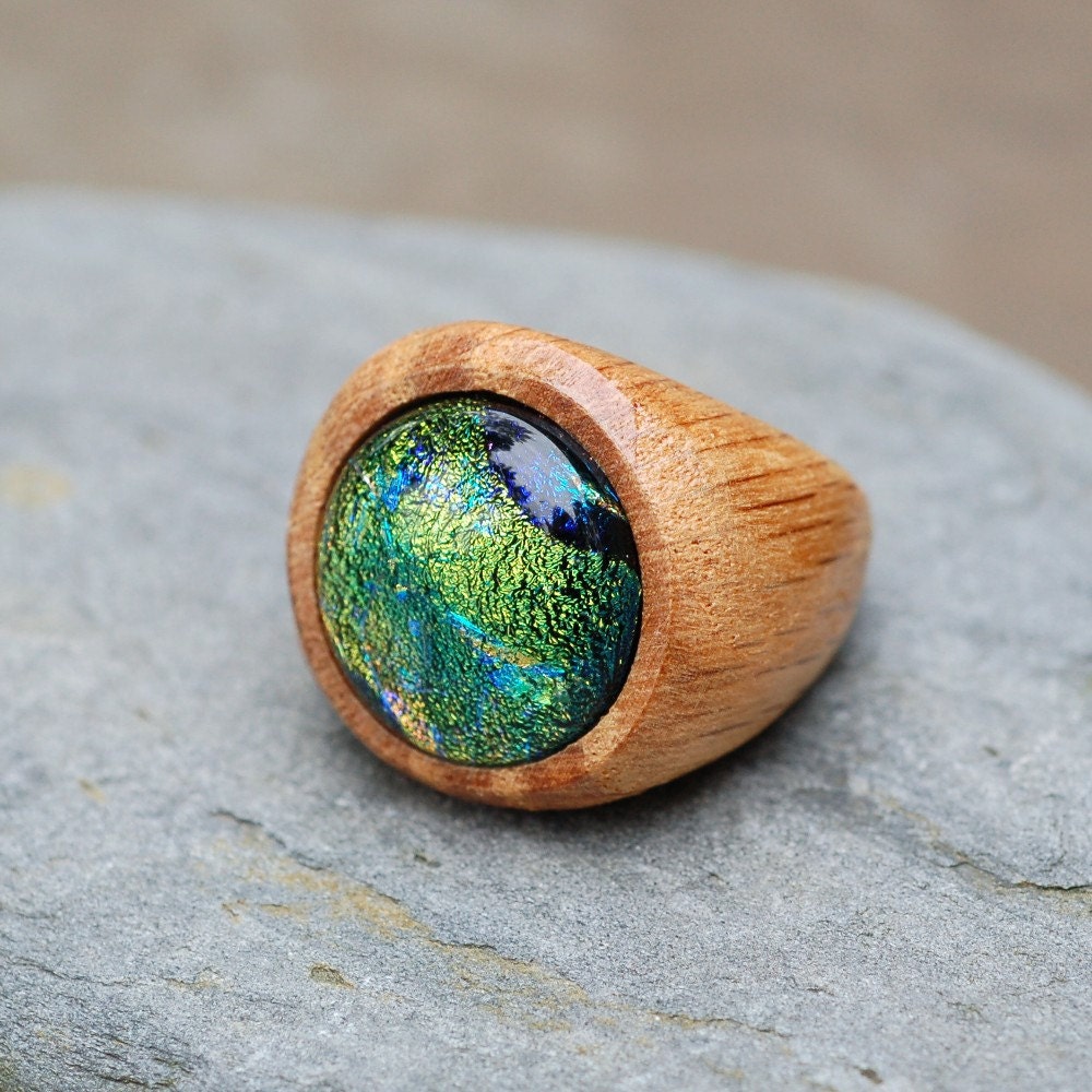 Wood Ring Glass Cab Fused Dichro Wooden Jewelry Green The Secret and the Stone Size 9