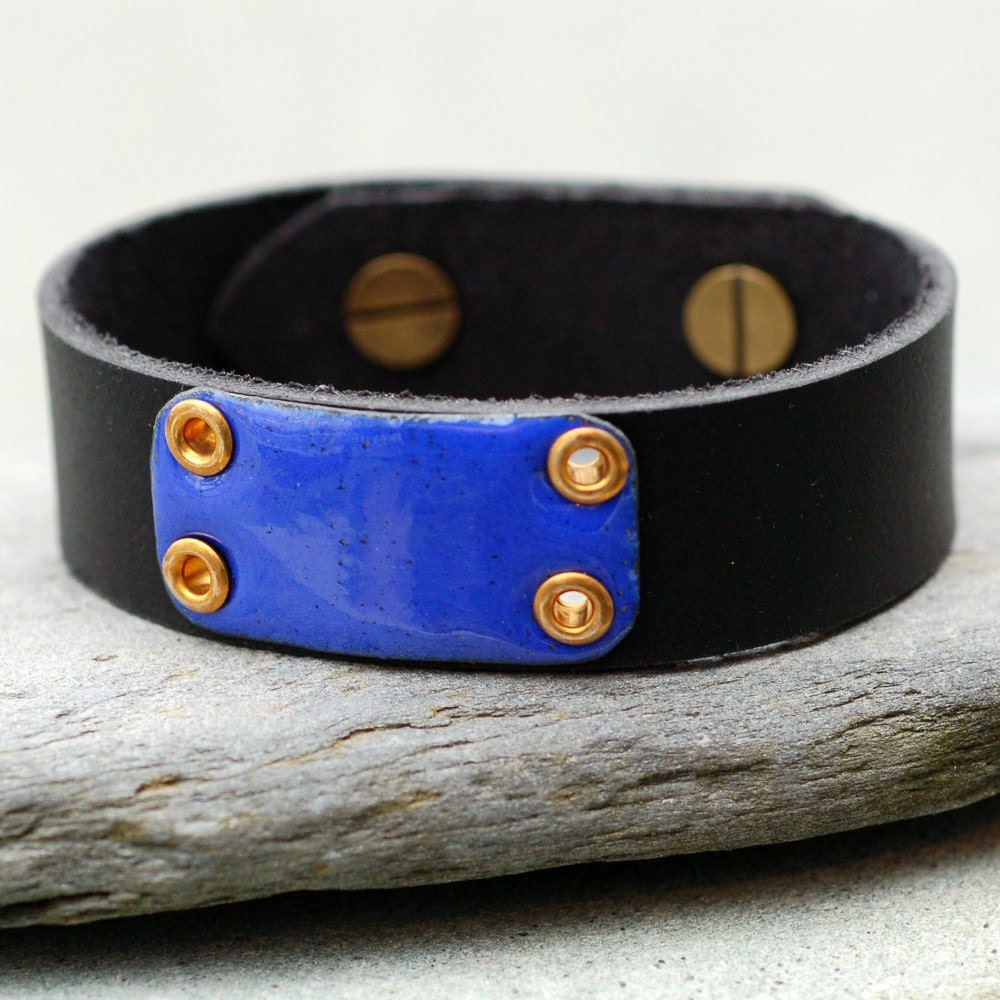 Black Leather Cuff Bracelet Copper Enamel Unisex Enameled Jewelry Accessory, Cobalt