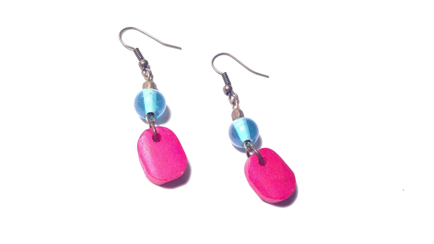 Recyled Glass Bead Earrings - Blue Glass and Pink Plastic Beads