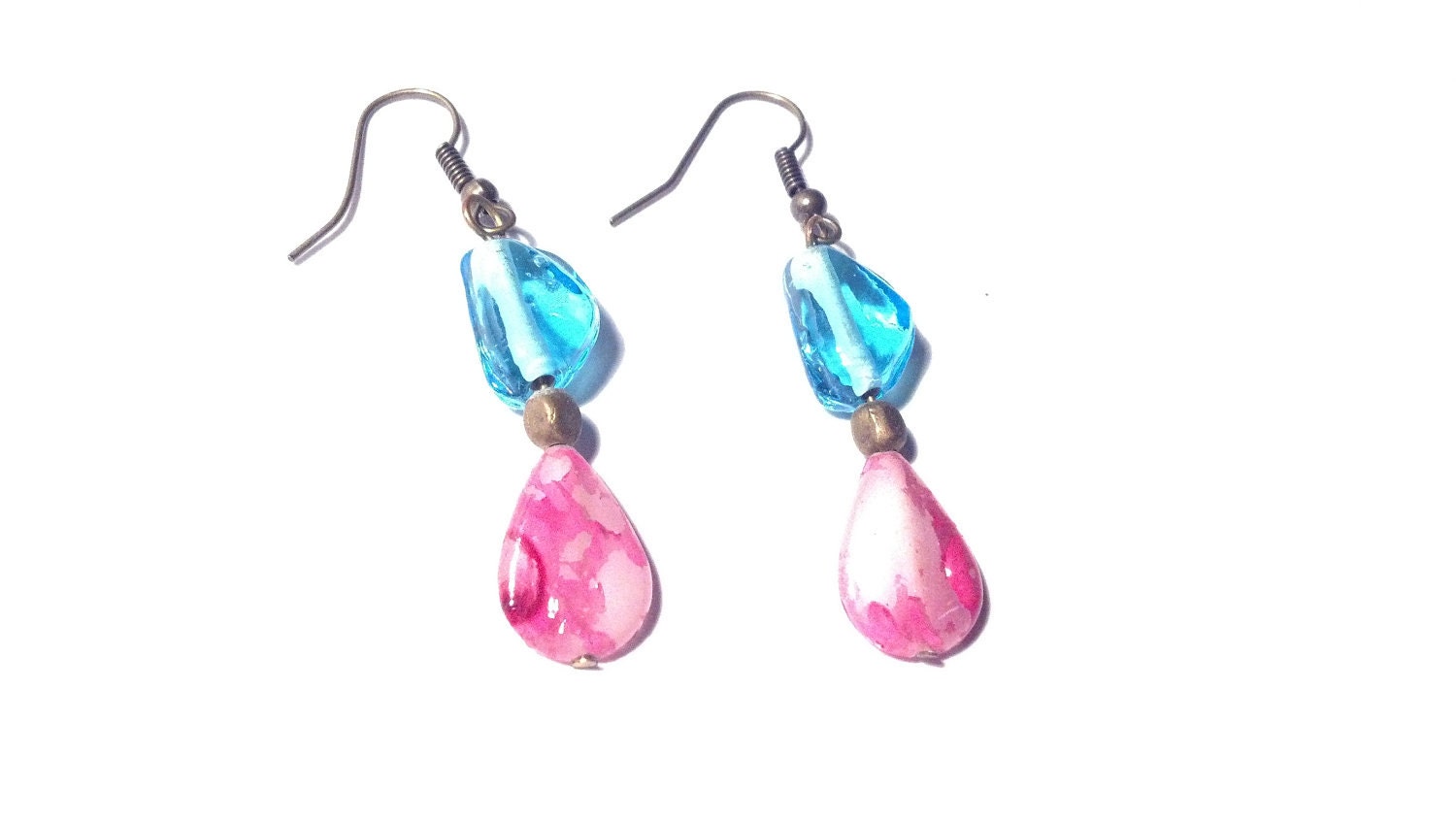 Recyled Glass Bead Earrings - Blue Glass and Pink Shell