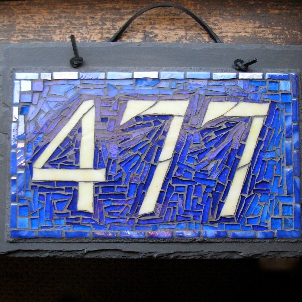 Mosaic House Number on Slate  3 digit