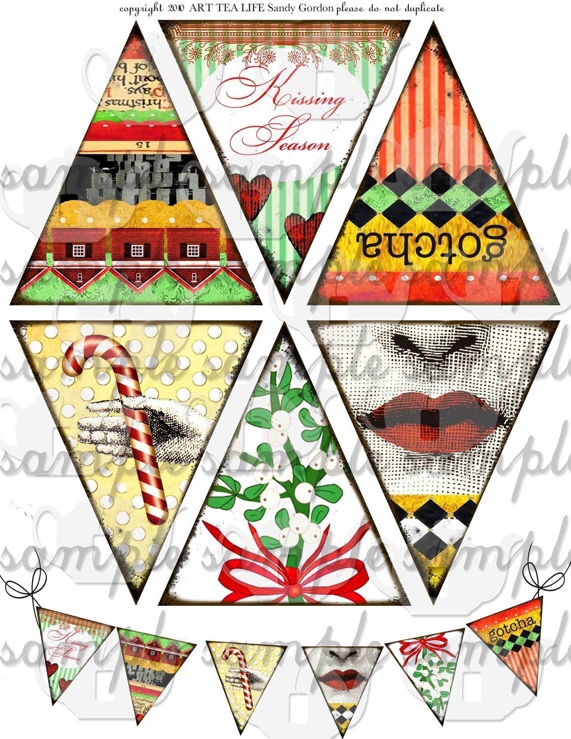 ART TEA LIFE Mistletoe Kissing Season Christmas Banner Collage Sheet digital file garland bunting clip art holiday candy cane office decor