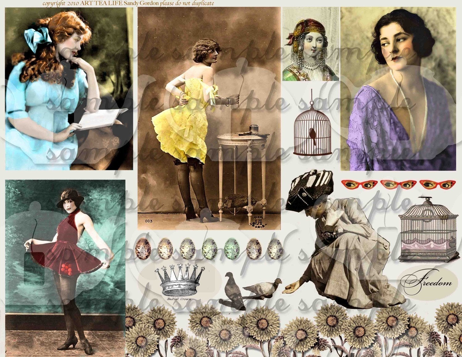 ART TEA LIFE Lady Birds Vintage Photos Collage Sheet Digital File Scrapbooking Journal Page Card Making ATC ACEO gift tags wrap invitations clip art pigeon crown birdcage dancer image women antique reading paper goods supply decoupage