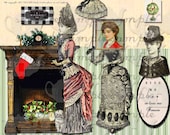 ART TEA LIFE Christmas Fire Collage Sheet Digital File Scrapbook Journal Cards Tags decoupage clip art  doll paper goods yule log fireplace