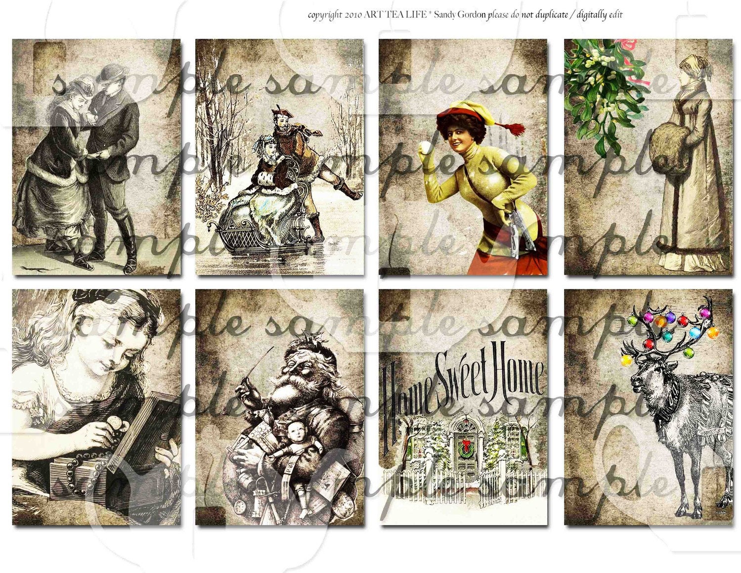 ART TEA LiFE Christmas atc Collage Sheet Digital File clip art gift tags invitation decoupage ornament mistletoe ice skate santa snowball