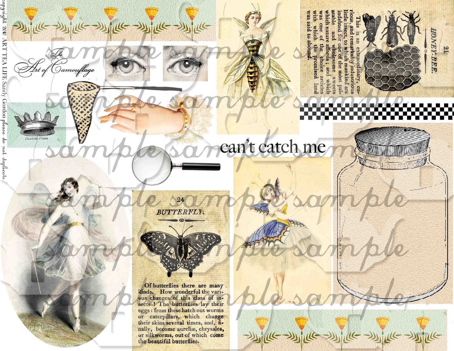 ART TEA LiFE Bees Knees Collage Sheet Digital File butterfly fairy