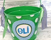 personalized bucket in apple green and shades of blues - 10 quart size - chevron print