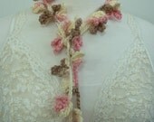 SALE Hand Crocheted Scarf Neopolitan Ice Cream Pink, White, Ivory, Tan, Brown Leaf Lariat Scarf
