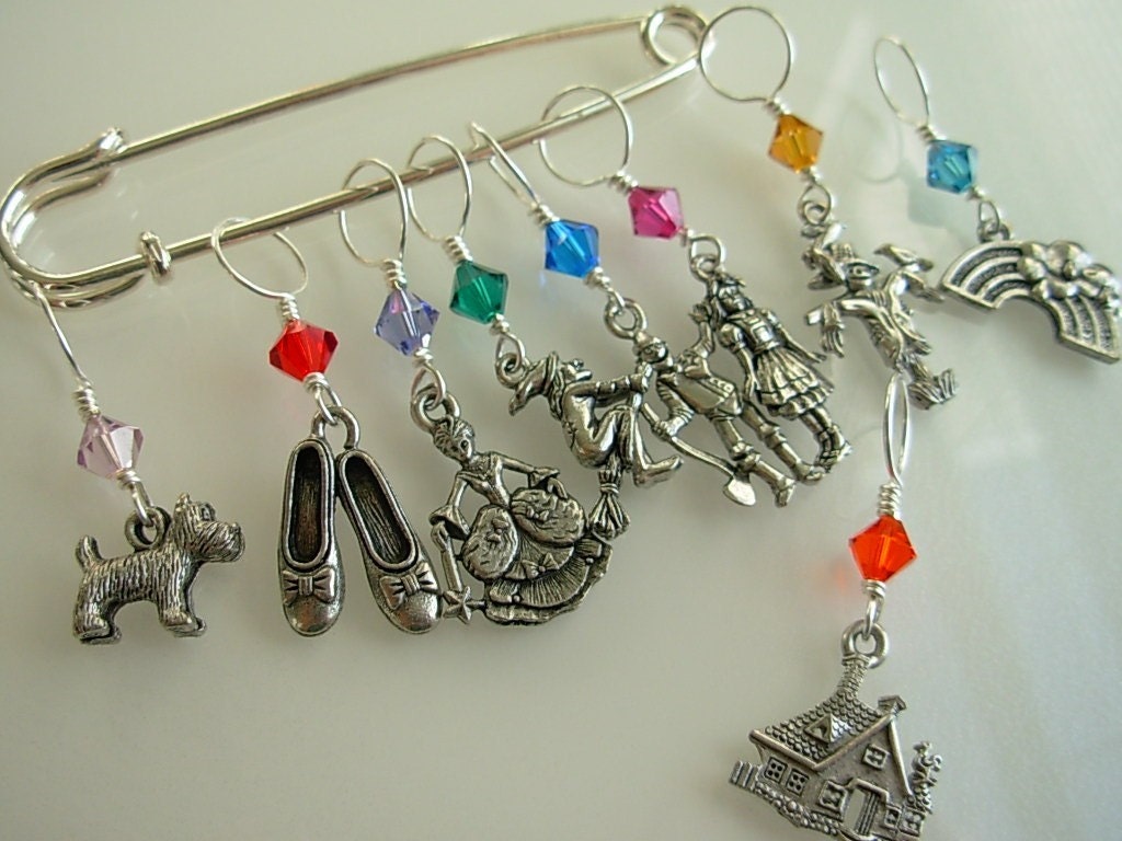 Hand Made Wizard of Oz Stitch Markers Shawl Pin Scarf Pin Dorothy Toto Wizard