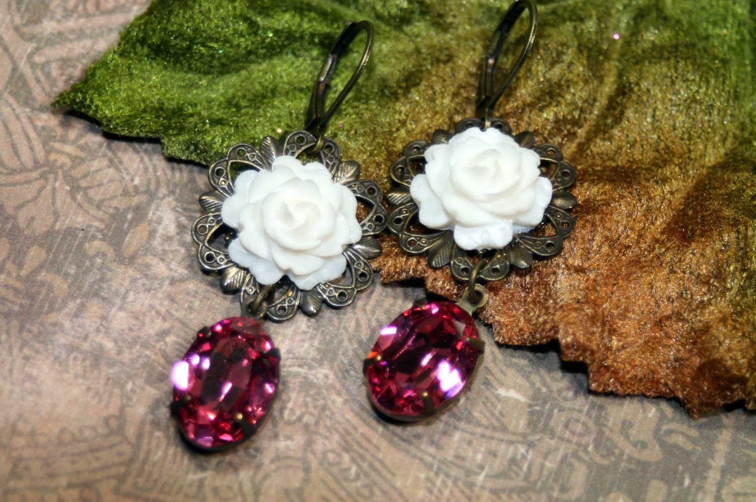 Pink N White Bella Femme Vintage Rhinestone Dangle Earrings Ice White Roses  Shipping Weeded Out