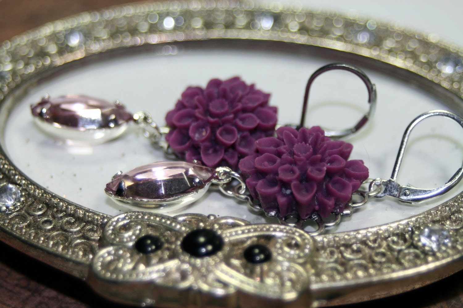 Berrylicious Chrissy Flower Dangle Earrings Vintage Swarovski Rhinestones Shipping Weeded Out